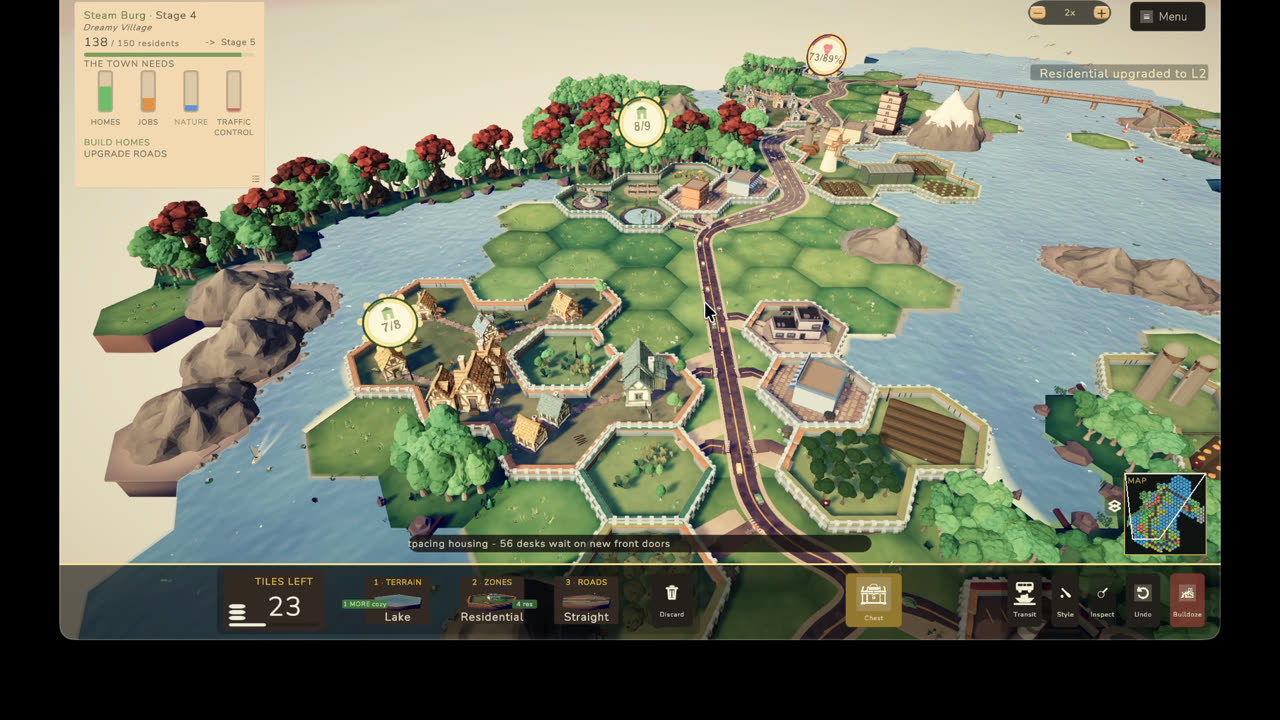 A dense little town wrapped around a bay, with bridges, farms and a busy main road
