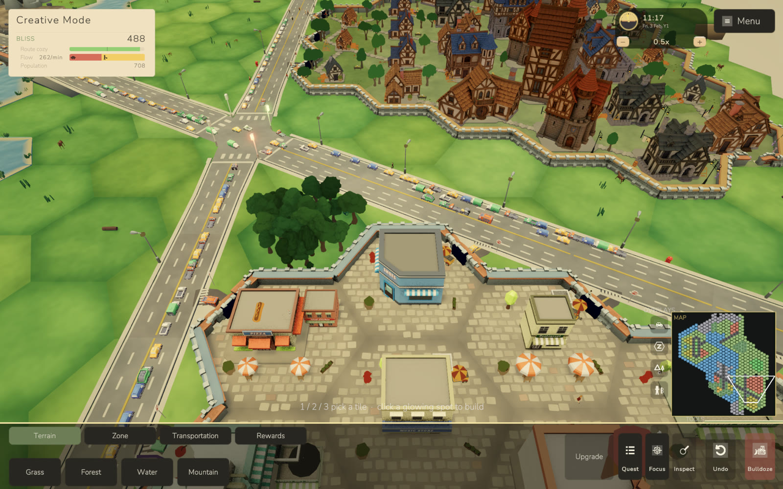 A busy main street: traffic queuing past a walled retail plaza with shops and umbrellas