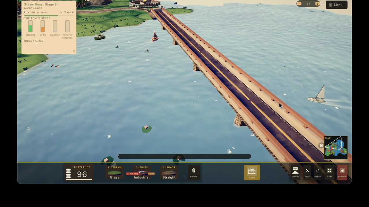 A long causeway carrying cars and a bus across the water between two shores
