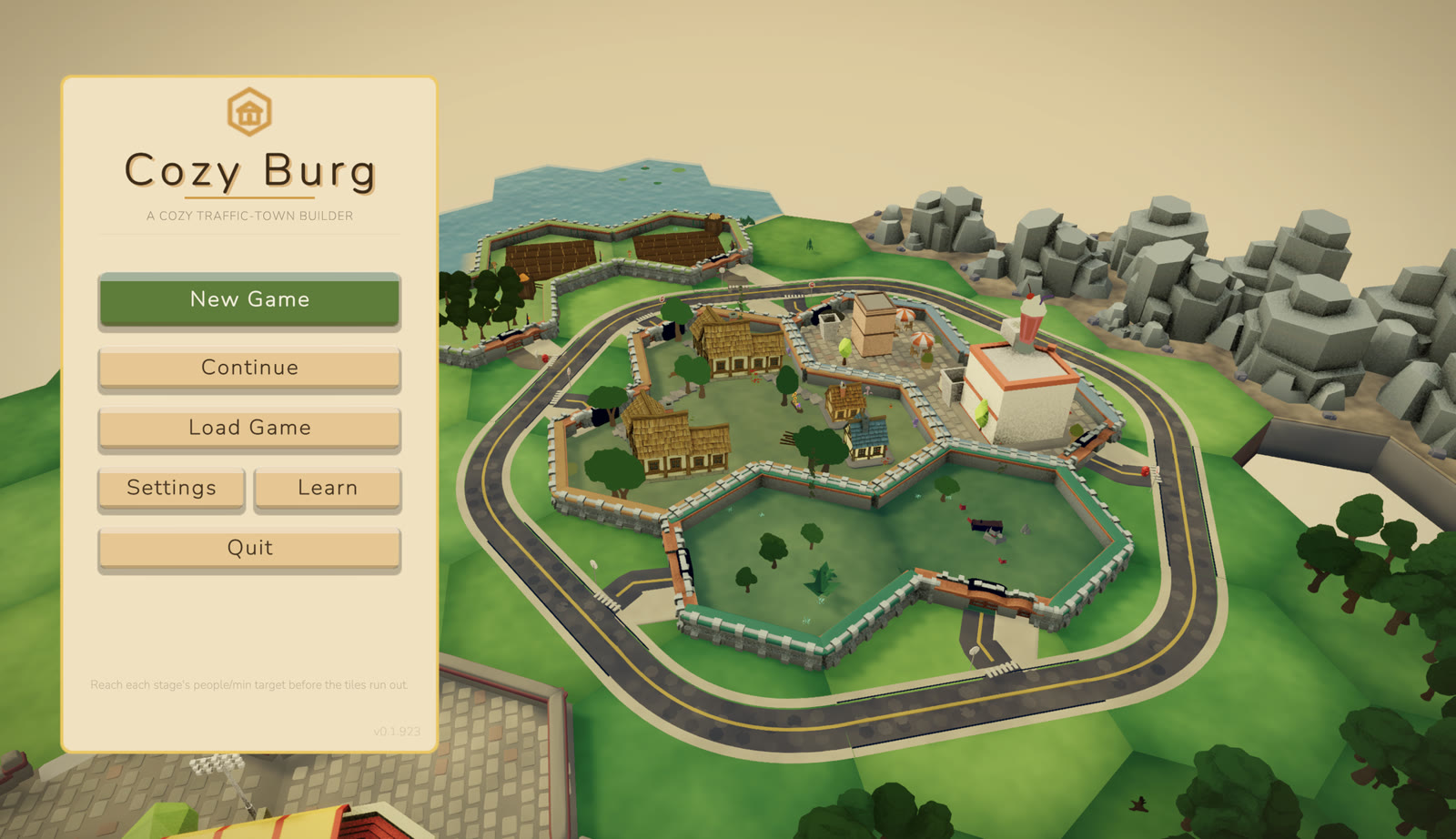 The Cozyburg title screen over a small ring-road town